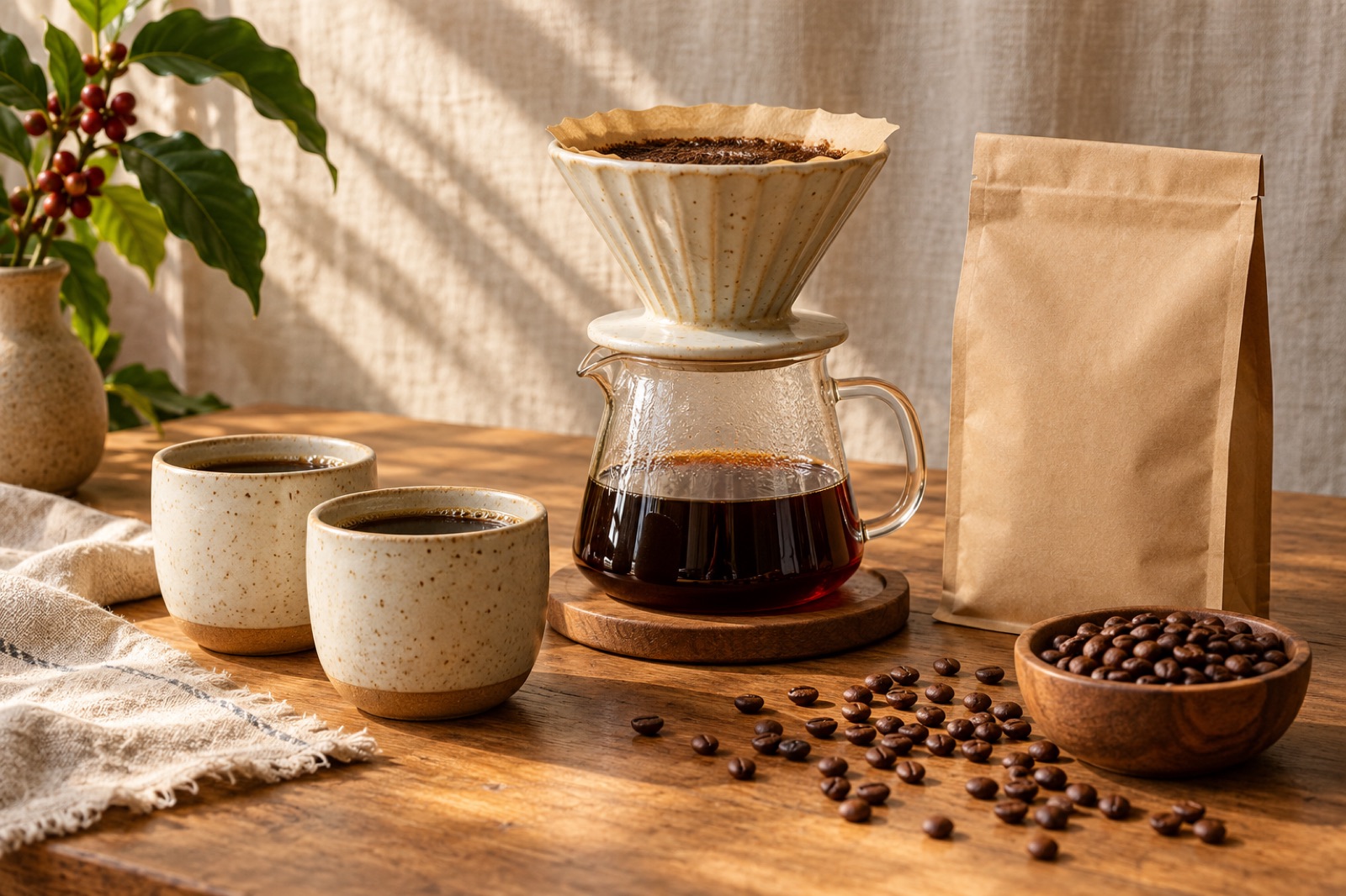 Kit de café com filtro de cerâmica, jarra de vidro e duas xícaras